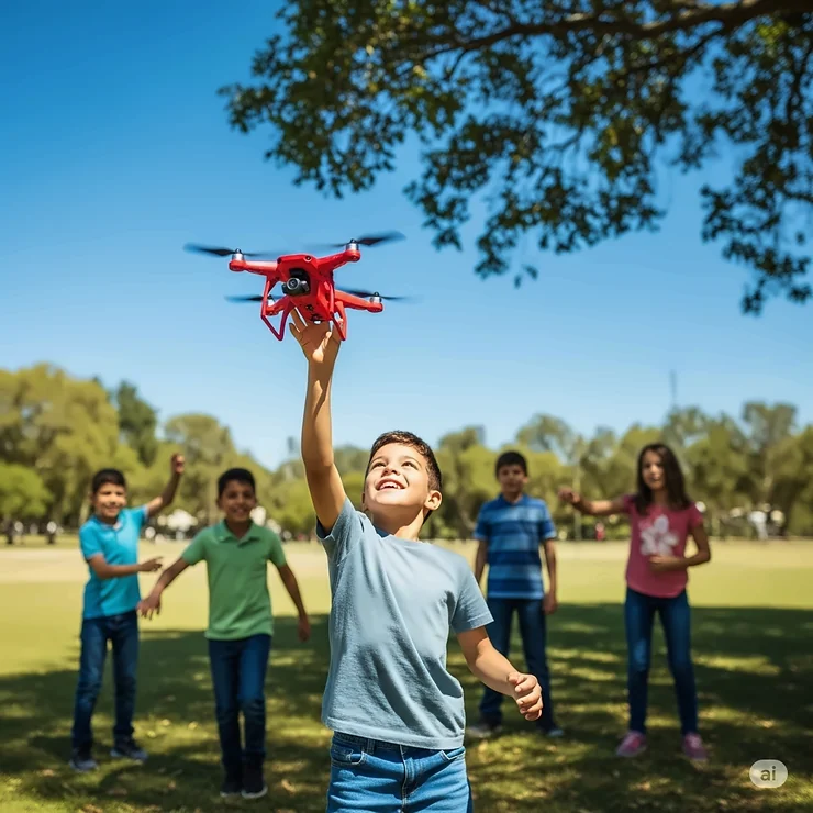 A child joyfully launching a bright red drone, a popular example of toys that fly, outdoors in a sunny park with other children playing in the background.