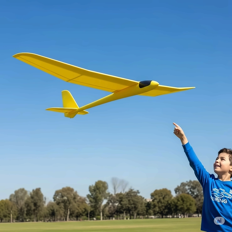 A lightweight foam glider toy with wide wings, gracefully sailing through the air after being hand-launched, a great example of beginner-friendly toys that fly.