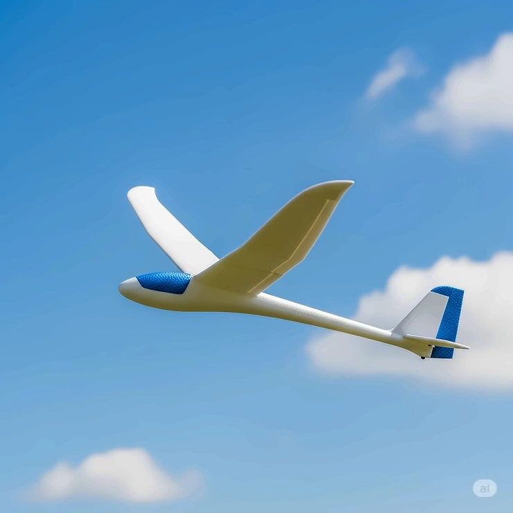 A lightweight foam glider toy in mid-flight against a blue sky, perfect for outdoor flying.