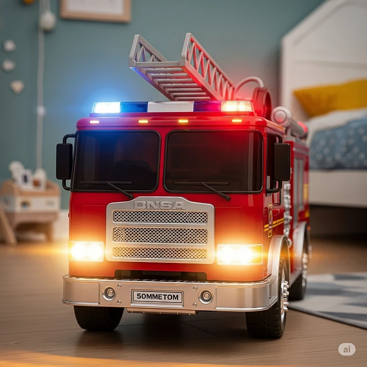 Front view of a large toy fire truck, highlighting its realistic lights and grille.