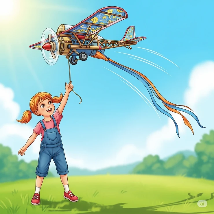 An illustration of a young girl launching a kite-style flying toy airplane, highlighting a unique variation of these airborne toys.
