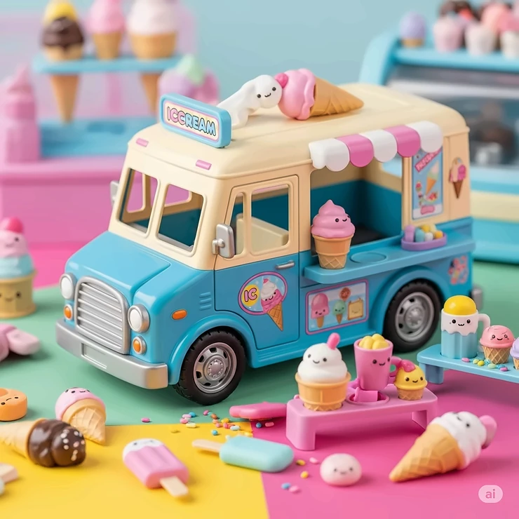 An ice cream truck toy displayed with its adorable accessories, such as miniature ice cream cones and popsicles, enhancing playtime scenarios.