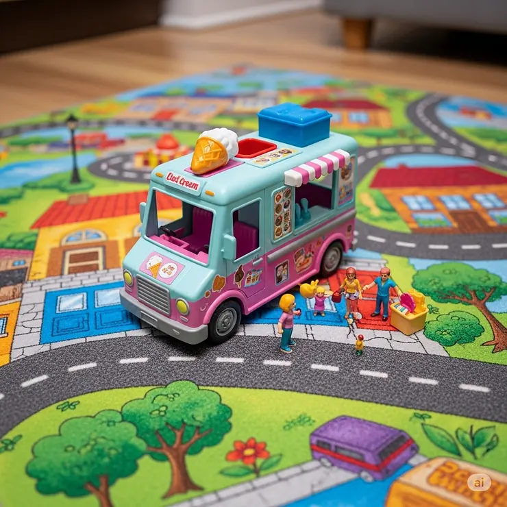 An imaginative ice cream truck toy positioned on a colorful playmat, simulating a charming street scene for creative adventures.