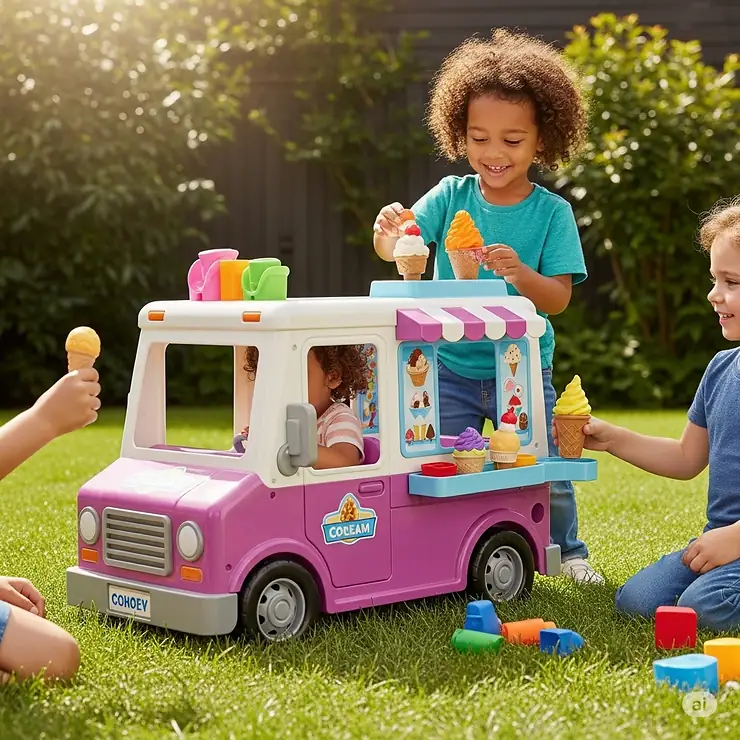 A durable ice cream truck toy being enjoyed in an outdoor setting, perfect for backyard fun and imaginative adventures.