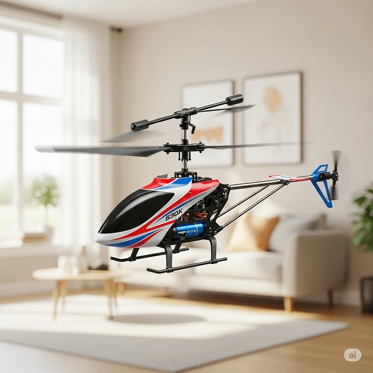 A small, battery-powered mini-helicopter toy hovering inside a living room, perfect for indoor flying aircraft toy enthusiasts.