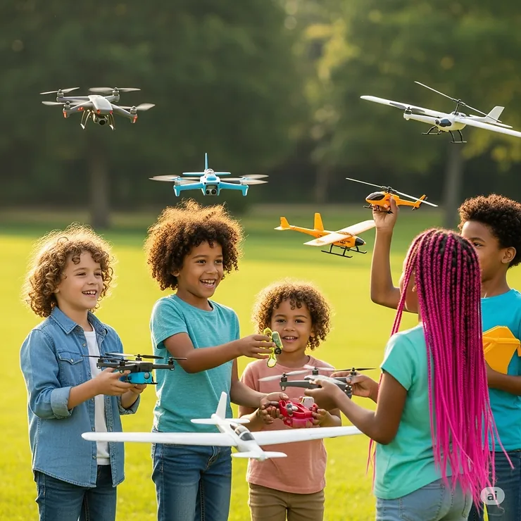 A diverse group of children playing together with different types of flying aircraft toys, including drones, planes, and helicopters, promoting communal play.