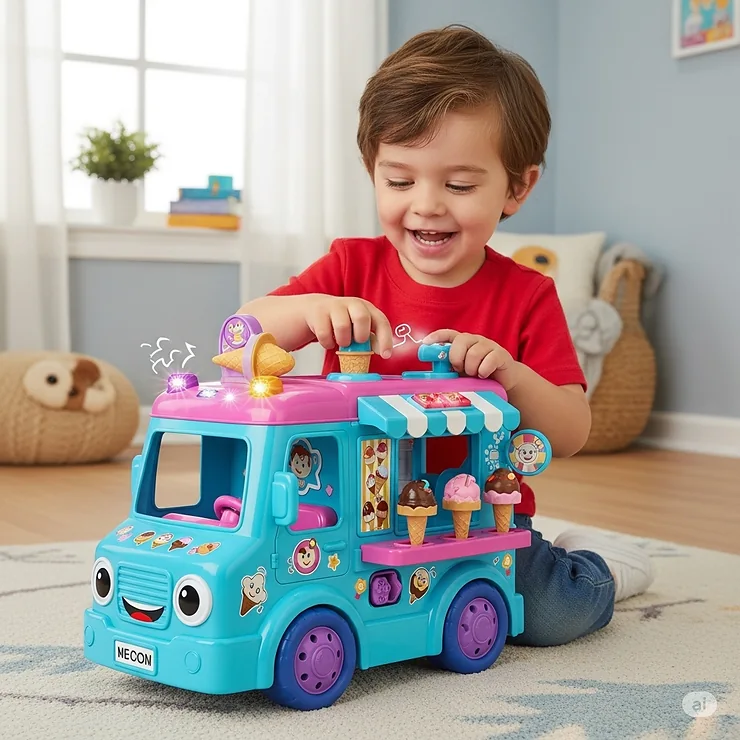 A happy child smiling while playing with a colorful ice cream truck toy, showcasing its interactive features.