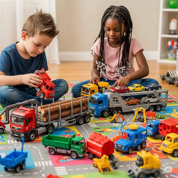 Two children on a playmat, engrossed in imaginative play with a collection of diverse toy big trucks and trailers, including a logging truck and a car hauler.
