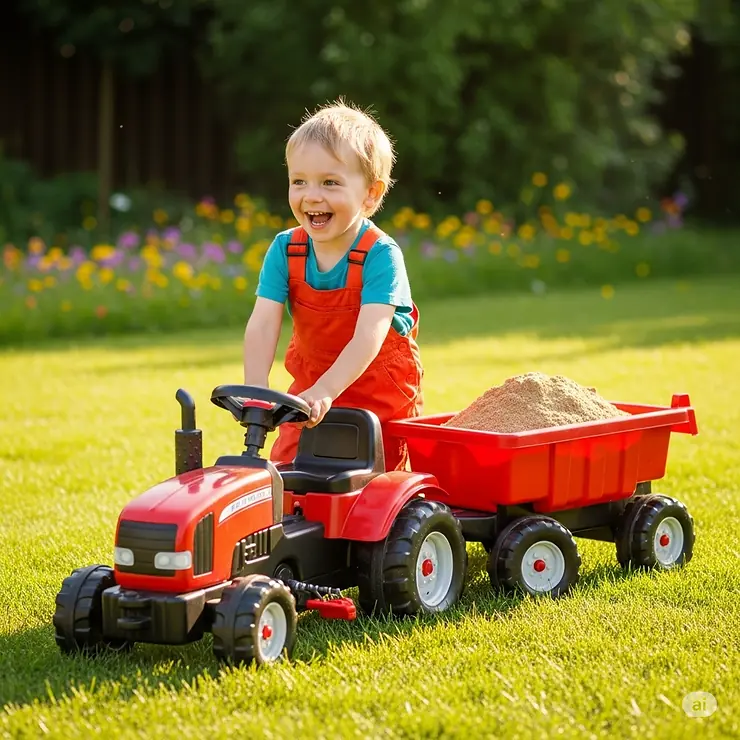 A child joyfully playing with a large plastic tractor toy and its trailer in a sunny backyard, transporting sand.