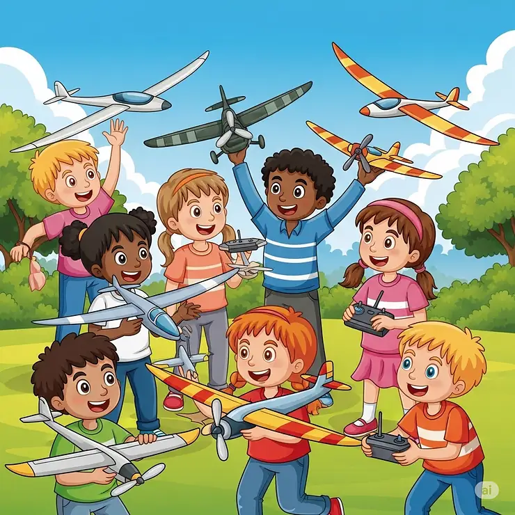 An illustration of several children playing together outdoors with different types of flying toy airplanes, depicting group fun.