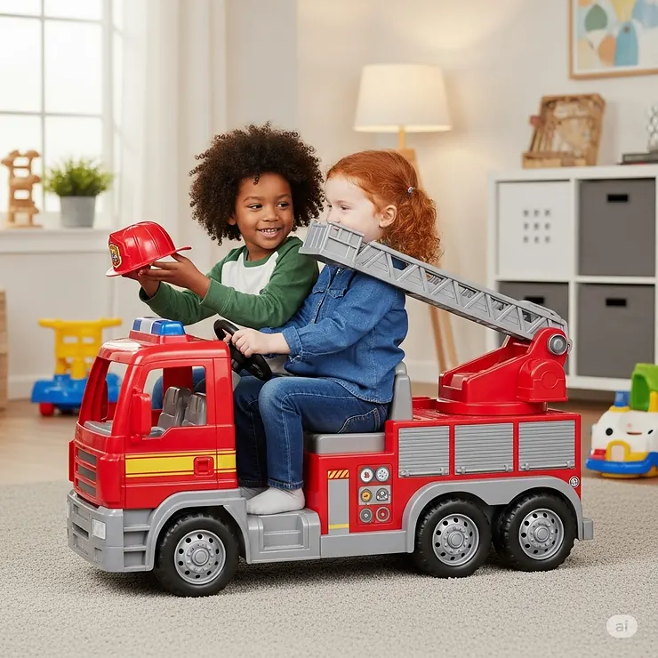 Two children happily sharing a spacious fire truck ride on toy, demonstrating cooperative play and the toy's sturdy design.