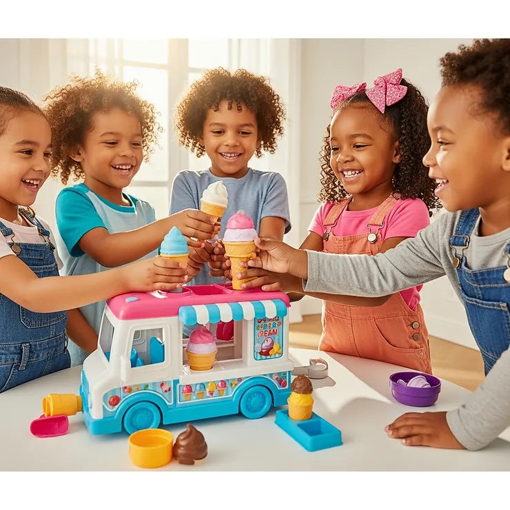 A group of children happily sharing and interacting with an ice cream truck toy playset, promoting cooperative play.
