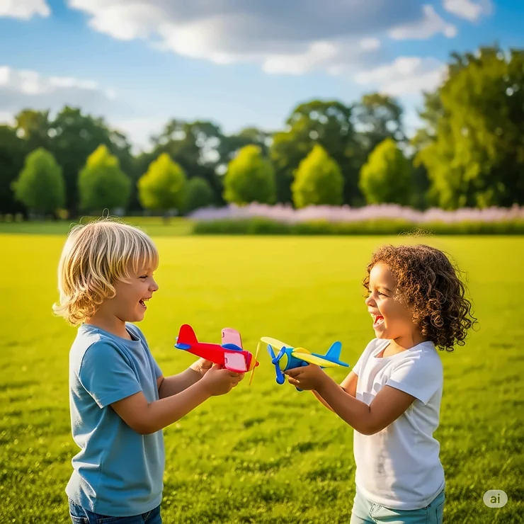 Two children laughing and sharing their flying aeroplane toys in a spacious park on a sunny day.