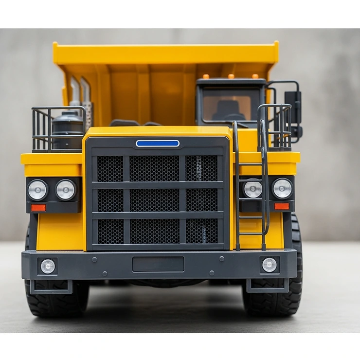 Front view of an impressive large dump truck toy, highlighting its grill and headlights, inviting imaginative play.