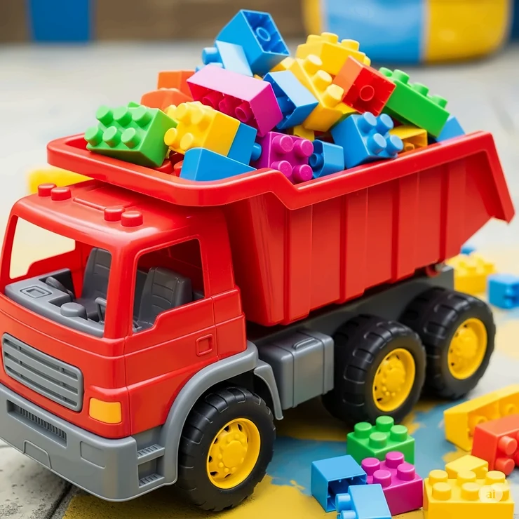 Big dump truck toy with its bed full of colorful building blocks, ready to transport its load.