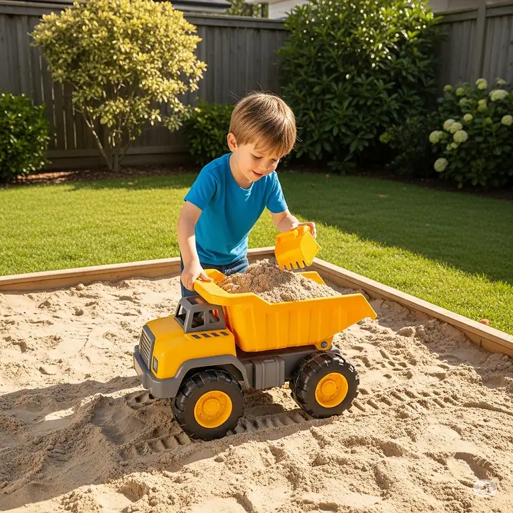 A large dump truck toy being used in a sandbox, demonstrating its suitability for outdoor construction play.