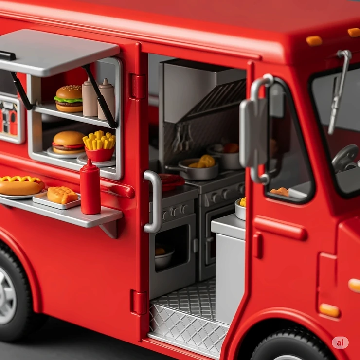 Detailed view of a realistic lunch truck toy, showcasing its opening serving window and miniature kitchen area.