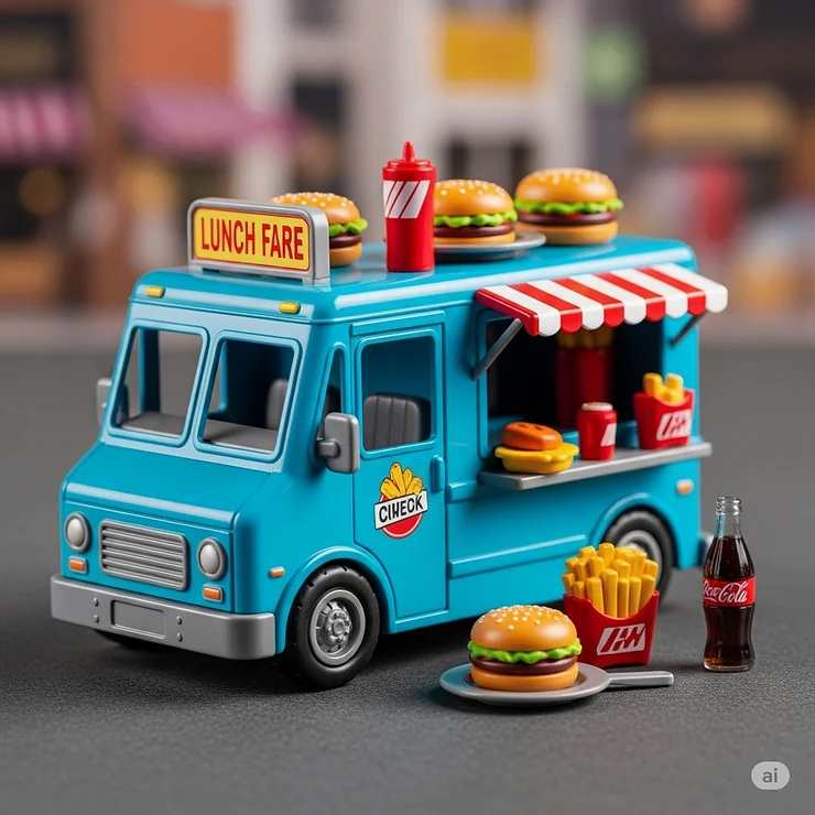 Vibrant red and yellow lunch truck toy, perfect for imaginative play, with miniature taco and hot dog accessories.