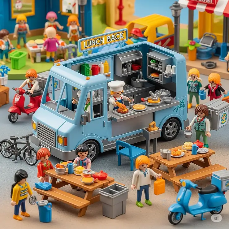 Complete lunch truck toy playset with miniature chef figures and serving accessories for immersive role-playing.