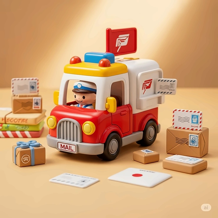 A charming mail truck toy accompanied by tiny, adorable accessories like miniature letters and packages for enhanced play.