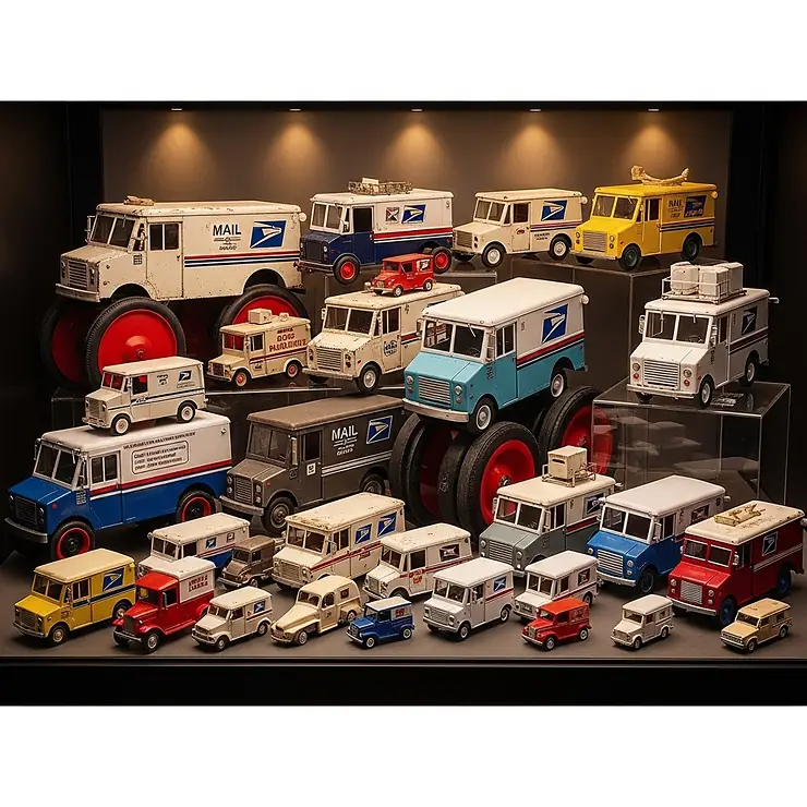 Assortment of mail truck toys in various sizes and styles, showcasing a diverse collection for enthusiasts.