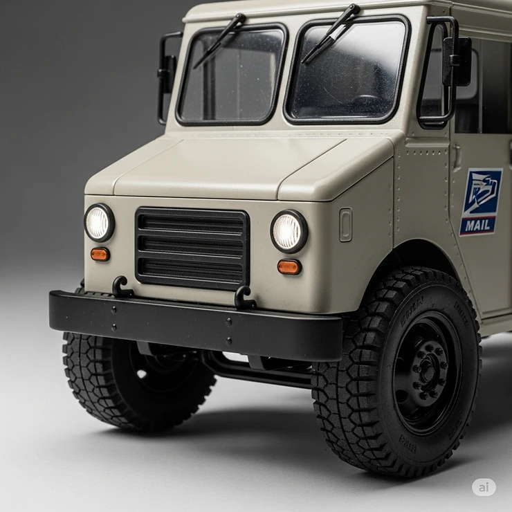 Detailed close-up of a realistic mail truck toy, highlighting its rubber tires and miniature headlights, perfect for collectors.