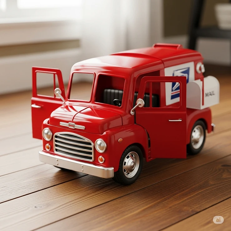 A vibrant red classic mail truck toy with opening doors, ready for imaginative play on a wooden floor.