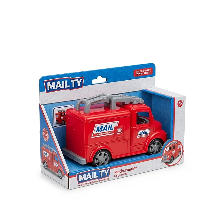 The mail truck toy presented neatly in its original packaging, ideal for gift-giving or showcasing product presentation.