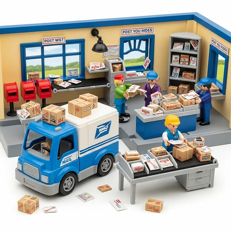 A fun mail truck toy positioned within a detailed miniature playset, simulating a busy post office scene for kids.