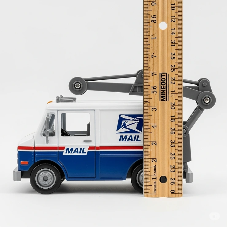Clear image of a mail truck toy next to a ruler, providing an accurate visual representation of its dimensions for buyers.