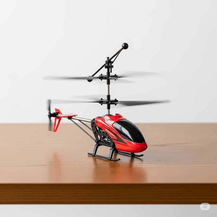 A small, battery-operated toy helicopter with spinning blades, poised for takeoff on a tabletop, showcasing compact toys that fly for indoor fun.