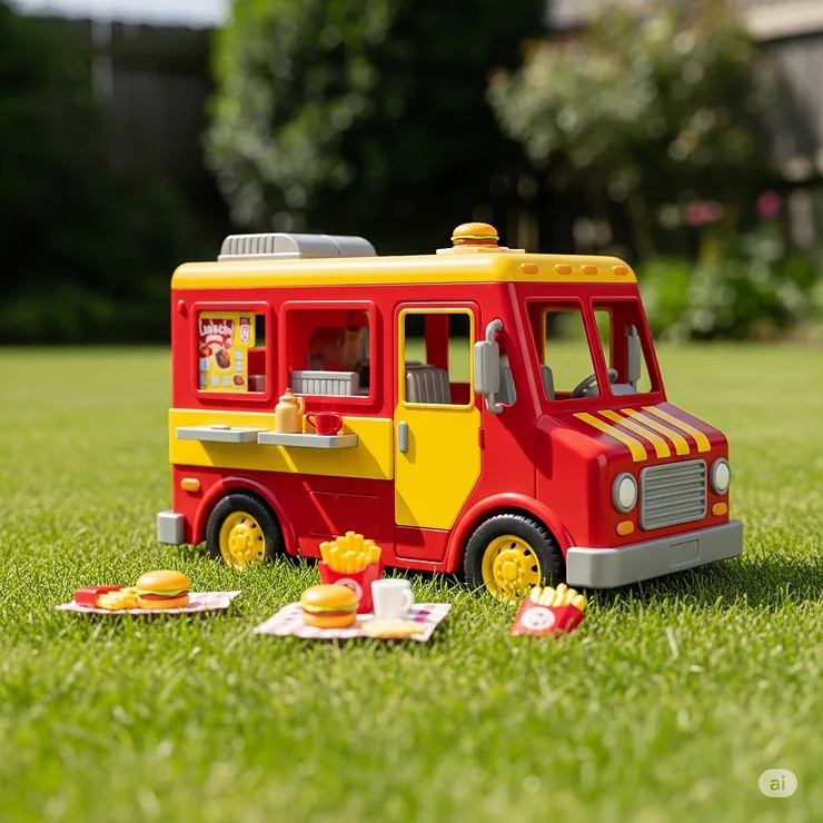 Kids' lunch truck toy set up for outdoor play in a sunny park, perfect for imaginative adventures.