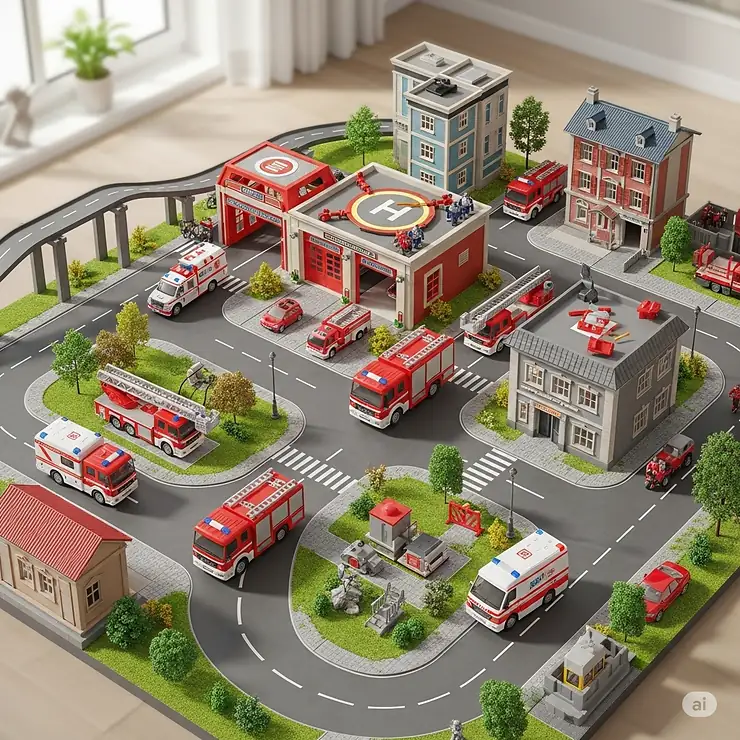 An overhead perspective showcasing a fully assembled fire station toy layout, including roads, buildings, and vehicles for comprehensive play.
