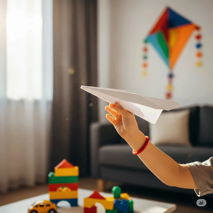 A child’s hand carefully launching a perfectly folded white paper airplane, highlighting simple and accessible toys that fly.