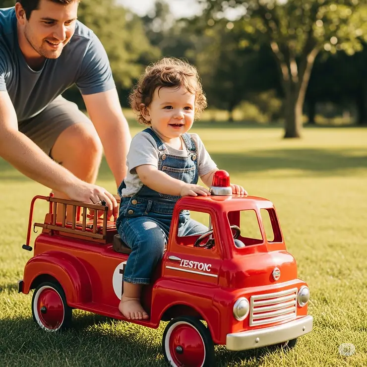 A parent gently pushing a child on a fire truck ride on toy, showcasing its versatile design for both self-propelled and parent-assisted play.