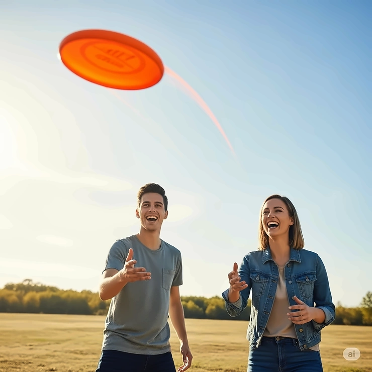 Two friends laughing while throwing a bright orange flying disc (Frisbee) in an open field, illustrating interactive toys that fly for outdoor recreation.