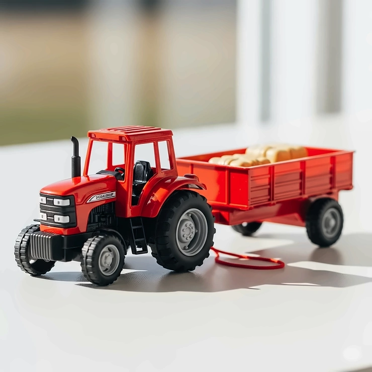 A small, pull-back action tractor toy with a simple open-top trailer, ideal for quick races on hard surfaces.