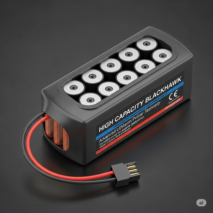 High-capacity battery pack for an RC Blackhawk helicopter, ensuring extended flight times and consistent power delivery.