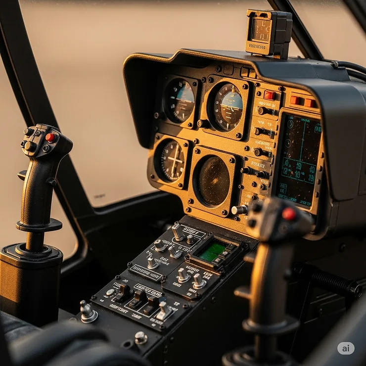 Close-up view of an RC Blackhawk helicopter cockpit, highlighting the intricate details and advanced controls for a realistic flying experience.