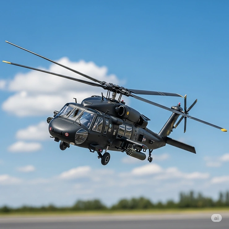A highly detailed RC Blackhawk helicopter in flight, showcasing its realistic design and powerful capabilities, ideal for enthusiasts and collectors.