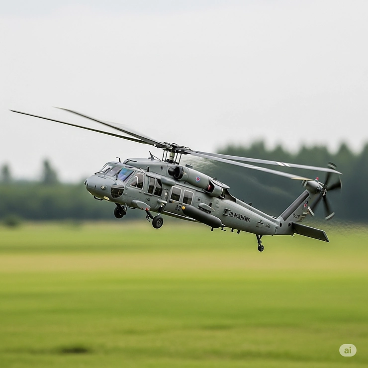 An RC Blackhawk helicopter expertly flying in an open outdoor setting, demonstrating its agility and impressive scale.