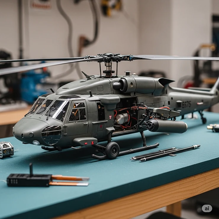 An RC Blackhawk helicopter undergoing routine maintenance, showing accessible components for easy repairs and upgrades.