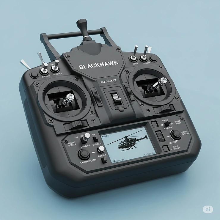 Ergonomic remote control unit used to operate an RC Blackhawk helicopter, featuring intuitive sticks and buttons for precise command.