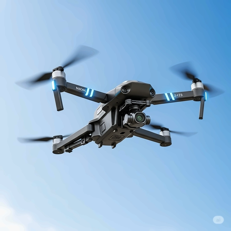 A sleek, modern remote control drone flying high against a blue sky, representing advanced flying aircraft toys.