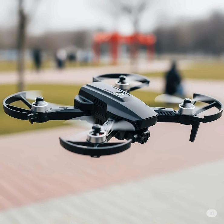 Close-up of a sleek, black remote-control drone toy with four propellers, hovering in mid-air, illustrating advanced toys that fly.