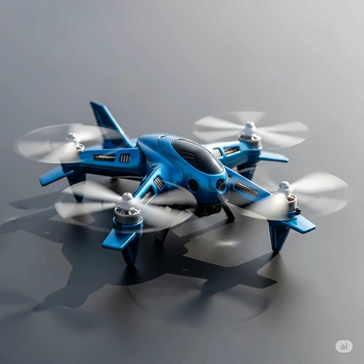 Close-up of a sleek remote control drone toy with propellers spinning, ready for flight.