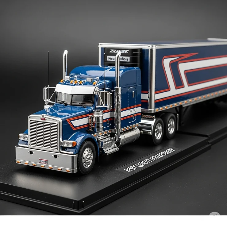 Detailed illustration of a realistic toy semi-truck with chrome accents, a perfect example of high-quality big truck and trailer toys for collectors.