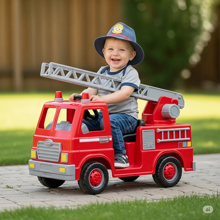 A happy child in a red fire truck ride on toy, simulating an emergency response, a popular and durable outdoor toy for toddlers.