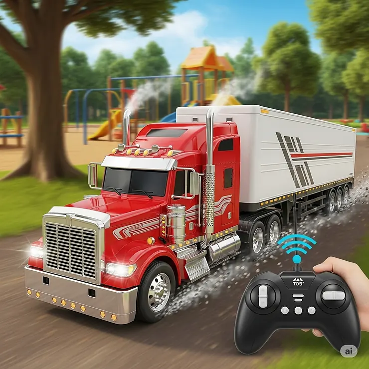 Dynamic illustration of a remote control big truck and trailer toy in action, demonstrating its advanced features and fun for all ages.