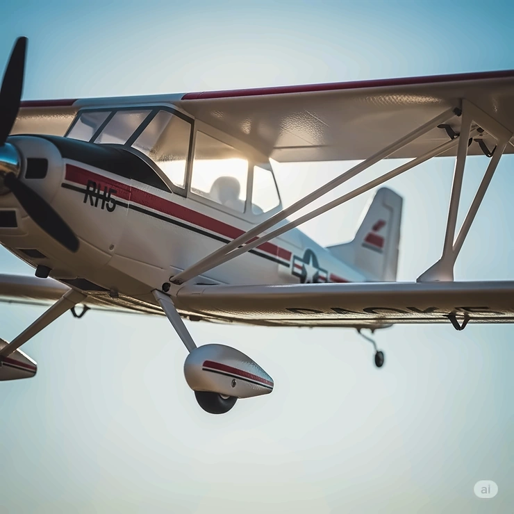 Close-up of a detailed remote-control flying aeroplane toy mid-flight, showcasing its realistic design.